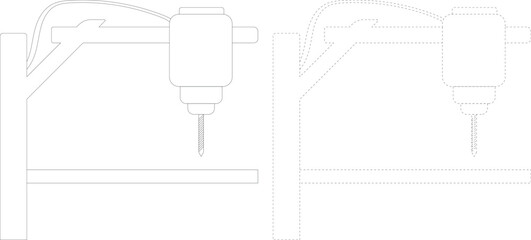 CNC machine outline icon set with solid and dashed stroke, industrial milling router line drawing, automated manufacturing equipment isolated on white background vector