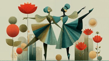 Flat illustration celebrating National Ballet Day, graceful ballerina silhouettes in motion, abstract memphis shapes mixed with boho motifs, vibrant organic color palette, playful geometric layout