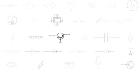 Electronics symbols set in thin outline style, electrical circuit diagram components collection for engineering schematic and technical drawing vector icons