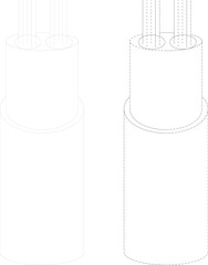 Electric cable outline icon set with solid and dashed stroke, curved wire line drawing, power connection cord isolated on white background vector