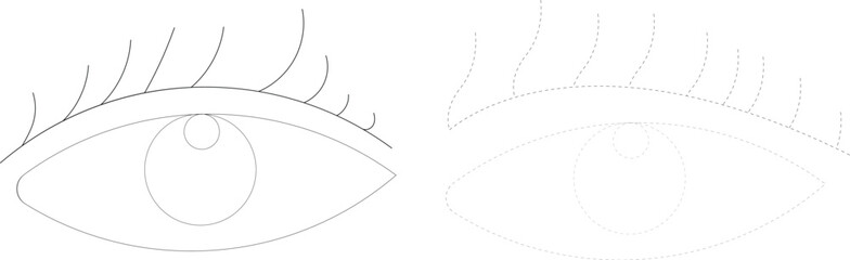 Minimal eye outline icon set with solid and dashed stroke style, simple eyelash line drawing, vision and beauty symbol isolated on white background vector