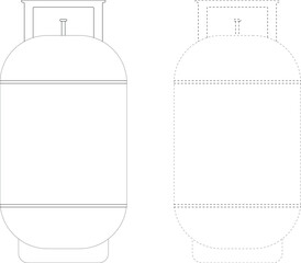 Gas cylinder outline icon set with solid and dashed stroke, propane tank container line drawing for industrial fuel storage isolated on white background vector