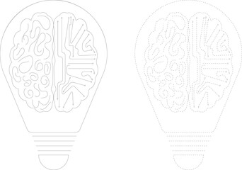 Half brain with circuit board outline icon set, human creativity and artificial intelligence concept with solid and dashed stroke isolated on white vector