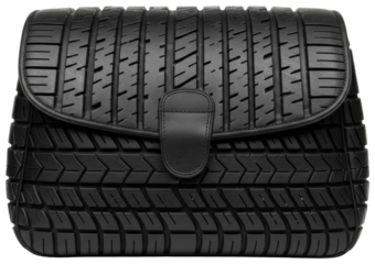 Black shoulder handbag made from upcycled rubber with geometric texture isolated on transparent background