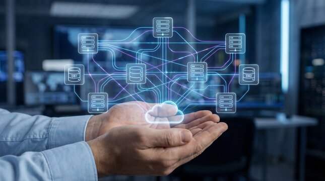 Cloud computing, data storage, server network, and digital technology visualization with futuristic interface in modern office environment, innovation and connectivity concept - Powered by Adobe