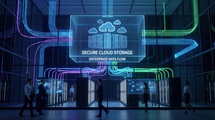 Secure cloud storage enterprise data flow server room digital network futuristic technology glowing neon lines business people modern data center