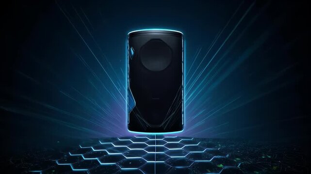 Futuristic black cylindrical object with blue glowing elements floating over a digital floor