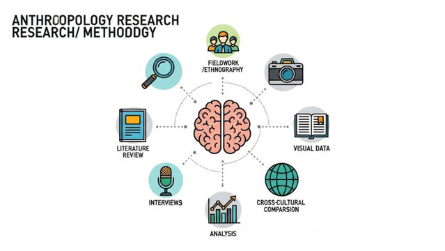 Anthropology research methodology infographic brain with icons for fieldwork literature review interviews and data analysis concept for science and 