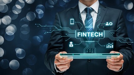 Businessman holding digital tablet with fintech interface in futuristic blue glowing circuit board style for financial technology