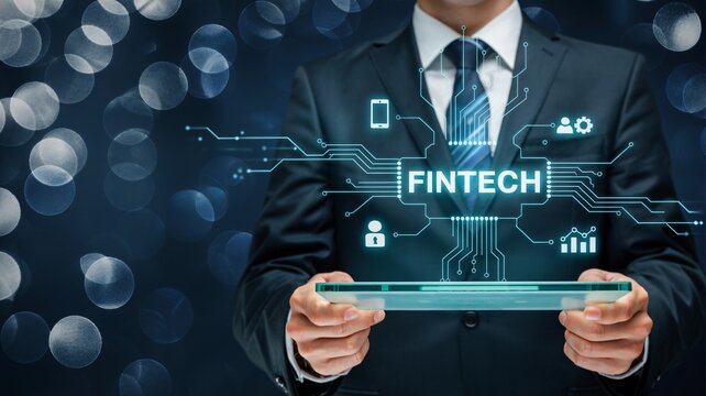 Businessman holding digital tablet with fintech interface in futuristic blue glowing circuit board style for financial technology - Powered by Adobe