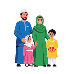 Fototapeta premium A family dressed in traditional Islamic attire celebrating Ramadhan together with gift giving