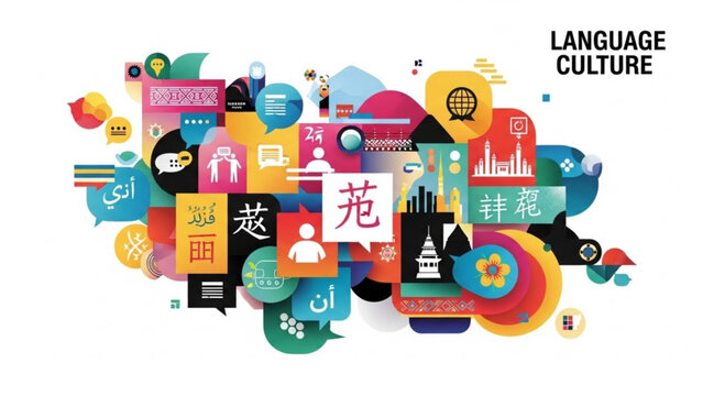 Diverse language and culture icons abstract illustration representing global communication and connection vector art for international business and 