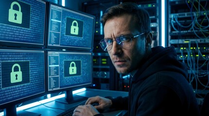 A man in a dark room working on computers with padlock screens