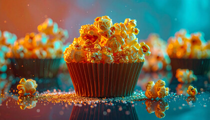 Futuristic gel lit snack popcorn coated in honey glaze with micro glitter dust, vibrant colors, sweet treat, festive mood, creative food photography
