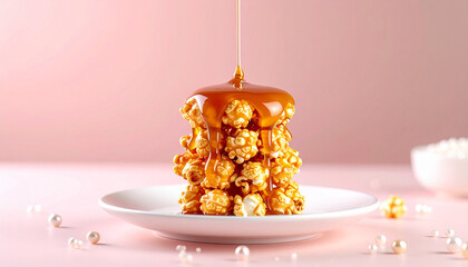 Caramel popcorn stack on white ceramic plate with honey drizzle, minimal luxury still life, sweet dessert snack, pink background, elegant and indulgent mood