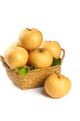 Fresh Golden Laiyang Pears in Basket, Shandong Harvest