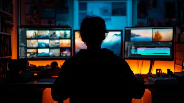 A young man working as a video editor on his computer in his room, focused on editing footage in a cozy home workspace. The scene reflects modern creative lifestyle,