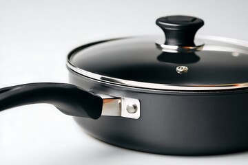 Close up of a black saucepan with a glass lid and silver handle