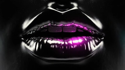 Close-up of lips with vibrant purple light reflection in a dark environment