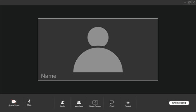 One users video conference interface. online videocall interface. vector video conference calls window. application for social communication, mobile, computer, laptop screen
