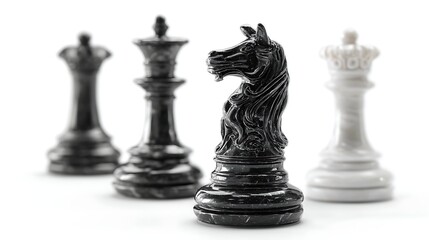 A focused view of black and white chess pieces arranged in a line