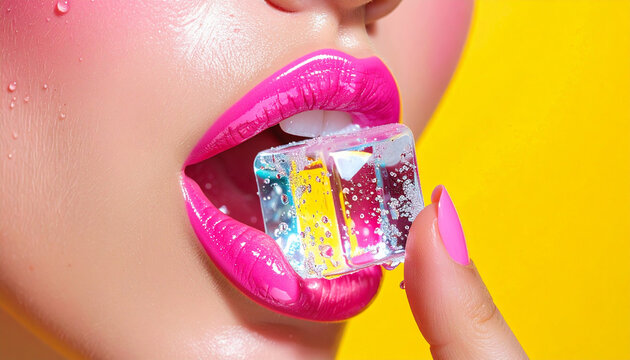 Glossy neon pink lips biting sparkling diamond shaped ice cube, close up macro with water droplets on skin, vibrant yellow background, surreal pop art style, sensual and playful mood