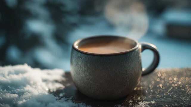 A cozy winter scene featuring hot coffee in a boho-style ceramic cup, with gentle steam floating upward into the cold air. The cup is set against a snowy woodland background,