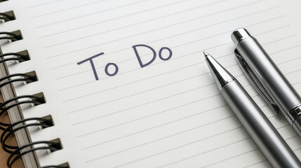 A close-up of a white, lined notebook with a spiral binding, displaying "To Do" written in the center, next to a silver pen