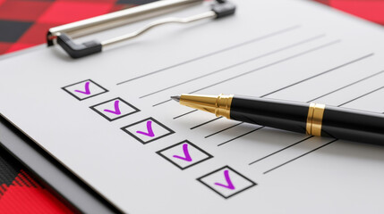 a checklist on a clipboard with a pen lying on it. Several boxes are checked with a purple marker. The background is a red and black checkered pattern. The pen is black with a gold tip