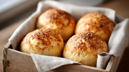 Fresh Artisan Bread Rolls in Rustic Wooden Crate