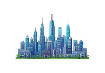 Fototapeta premium Skyscrapers Cityscape With Blue Toned Buildings And Green Trees In Front On Transparent Background