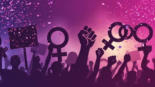 Feminist protest with raised fists and female symbols under falling confetti.