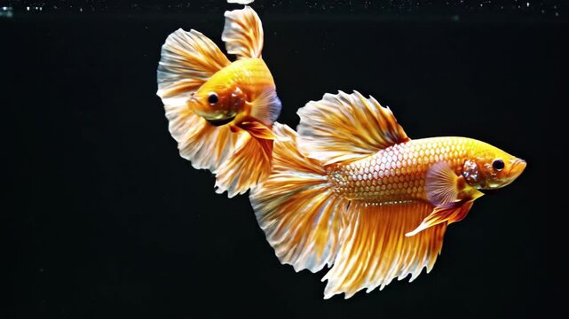 Two stunning orange and gold siamese fighting fish betta splendens swimming in dark water