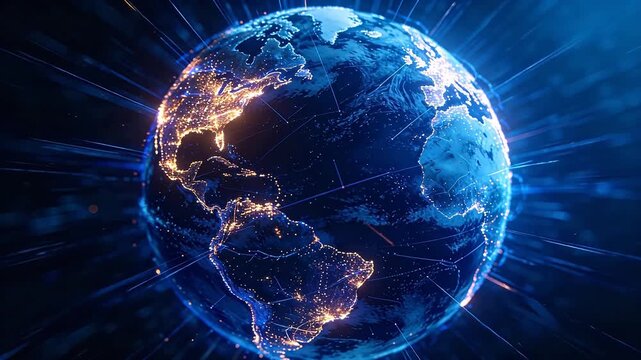 Digital earth with glowing connection lines and city lights