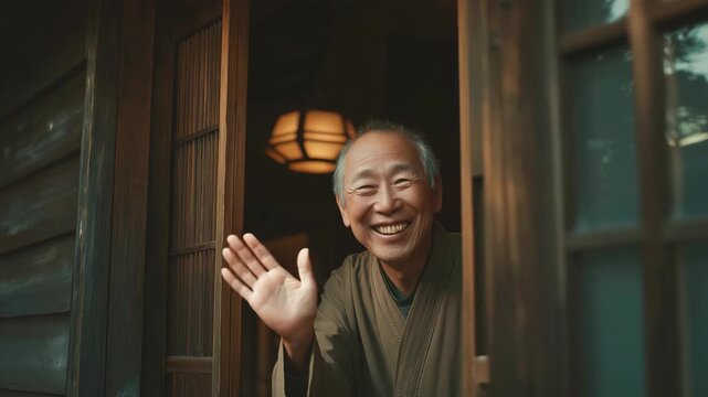 happy old Japanese man smile with hand gesture say hi to camera at the opened door of ryokan