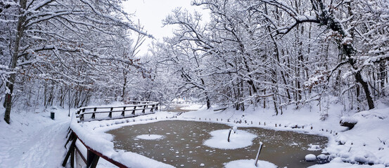 Landscape with Red Lake and Green Lake in Sovata resort - Romania in winter