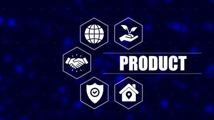 Product launch for business marketing and branding with globe handshake shield and house symbols on dark blue background with bokeh lights