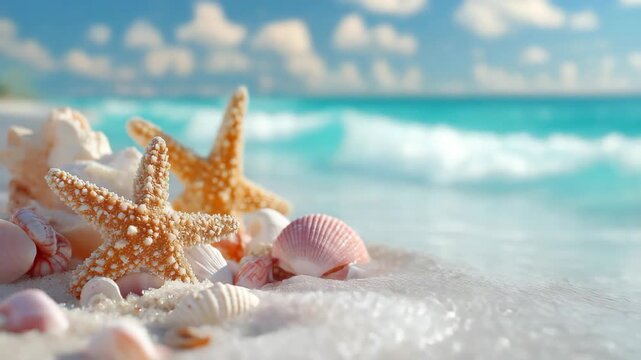 Shells and starfish scattered along a sandy beach ocean shore, gently touched by natural light. The scene evokes a peaceful coastal atmosphere, summer relaxation, and the simple beauty of marine life