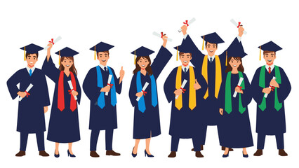 A group of diverse graduates in colorful academic regalia celebrate a happy graduation against a clean white background with a joyful mood.