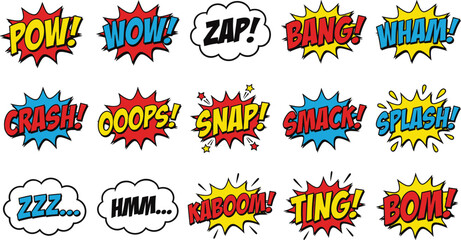 Comic book sound effect stickers set, pop art speech bubbles, pow wow zap bang wham crash oops snap smack splash boom cartoon vector illustration