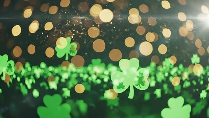 Floating shamrocks and bokeh lights for St. Patricks Day celebration.
