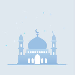 Minimalist illustration of mosque with crescent moon on top in light blue