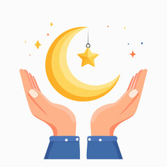 Hands presenting crescent moon and star symbol isolated on white background