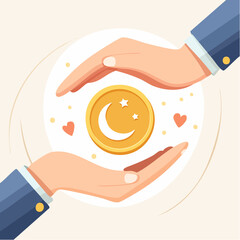 Hands protecting coin with crescent moon and stars illustration vector design