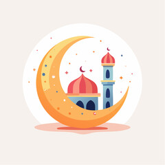 Islamic illustration crescent moon with mosque and stars in a circle design