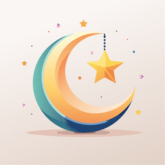 Stylized crescent moon and star design on white background for decoration