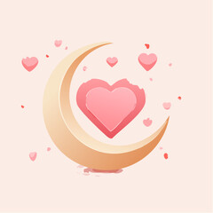 Valentines day illustration heart moon and floating pink hearts design