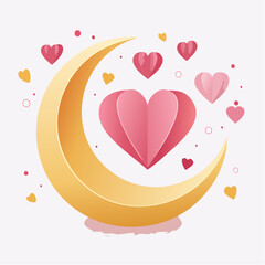 Crescent moon with heart shaped objects vector illustration on white background