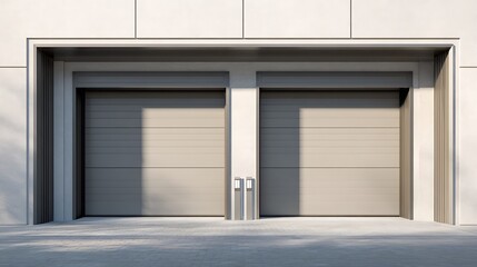 A neutral toned double garage door set into a modern building facade