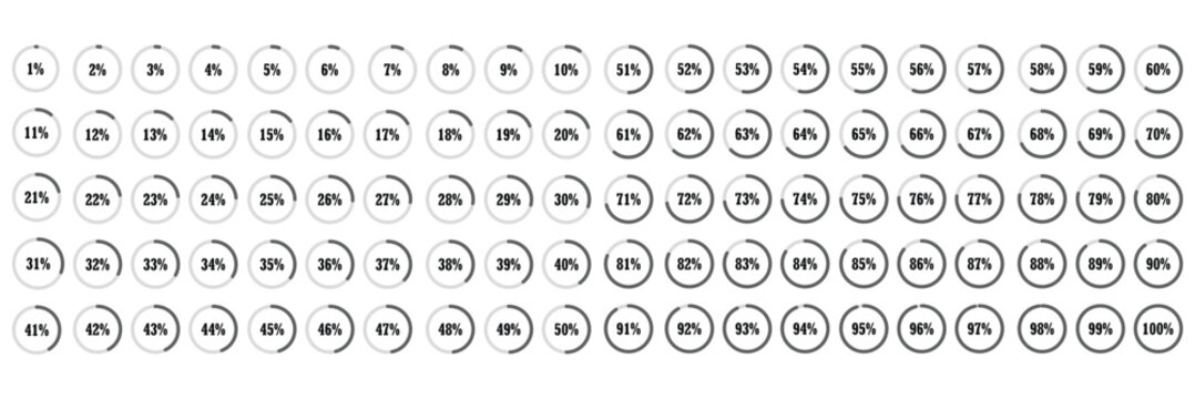 Percentage loading icons. Set of 1% to 100% circular progress indicators in black. Progress bars. Pie charts indicator. Round graph loading progress set. Vector illustration.